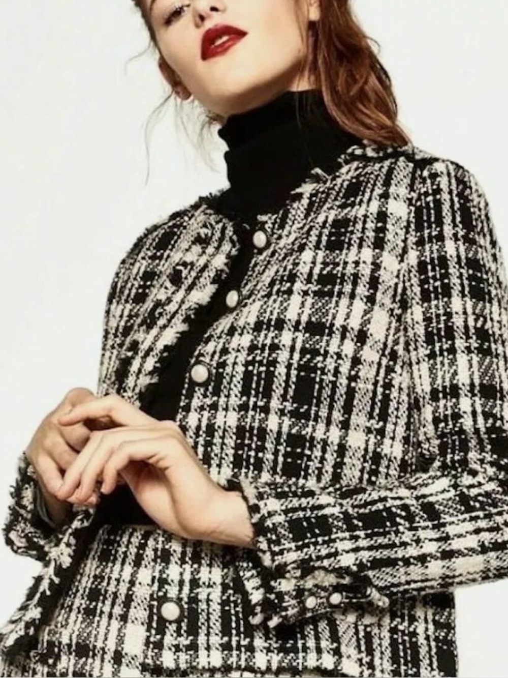 Zara Classic Plaid Tweed Frayed Blazer Jacket